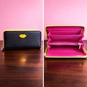 Todomoda Black Zip Around Wallet Yellow Lip Detail Pink Interior